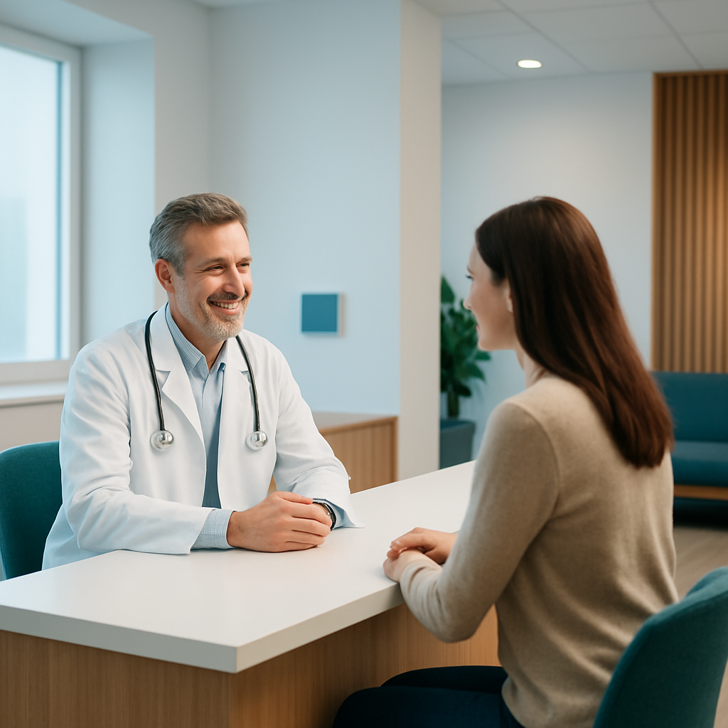 Profesional de la salud atendiendo a un paciente en una clínica privada moderna